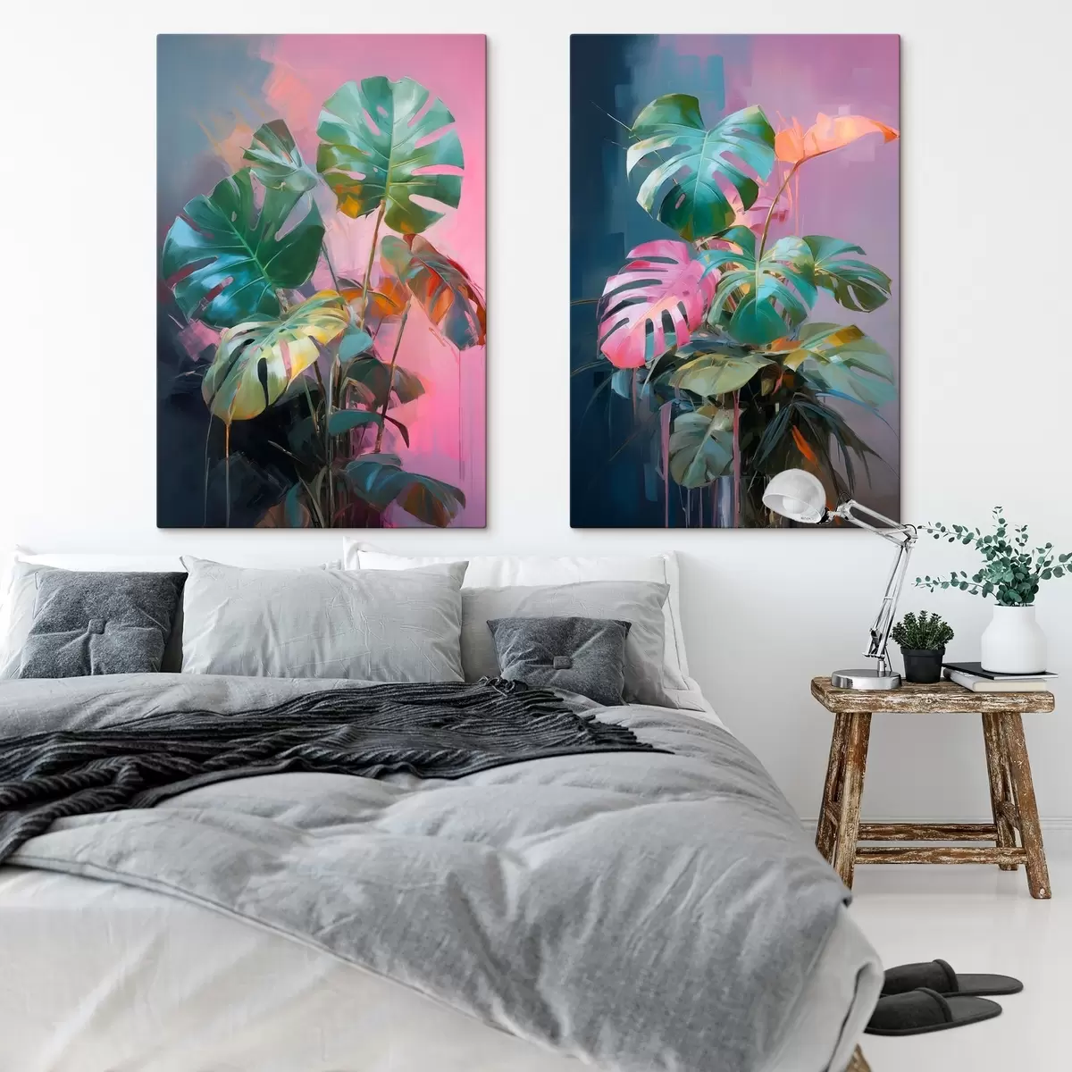  Peintures Plante abstraite monstera aux feuilles d'un vert éclatant, sur fond de douces teintes roses et violettes m00886