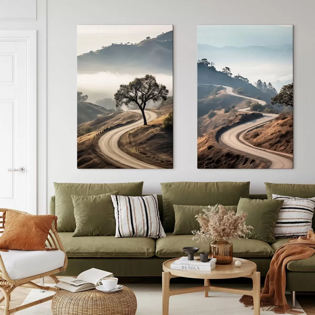  Peintures Une route sinueuse à travers un paysage vallonné recouvert d'herbe sèche, sous un ciel clair, avec des montagnes au loin m00887