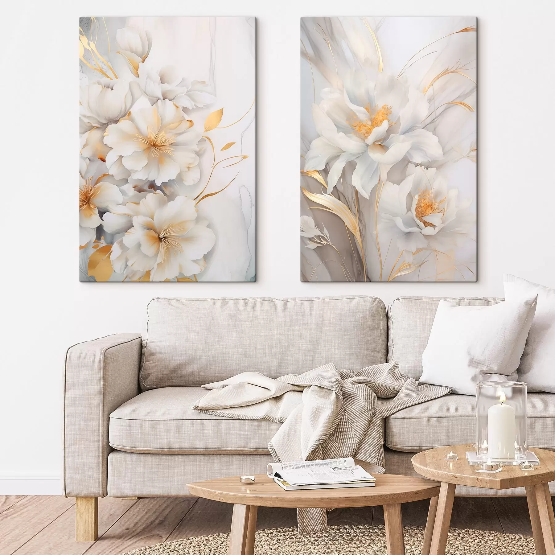  Peintures Fleurs blanches avec des détails jaunes, pétales avec des ombres subtiles, fond clair avec un effet marbré subtil m00889