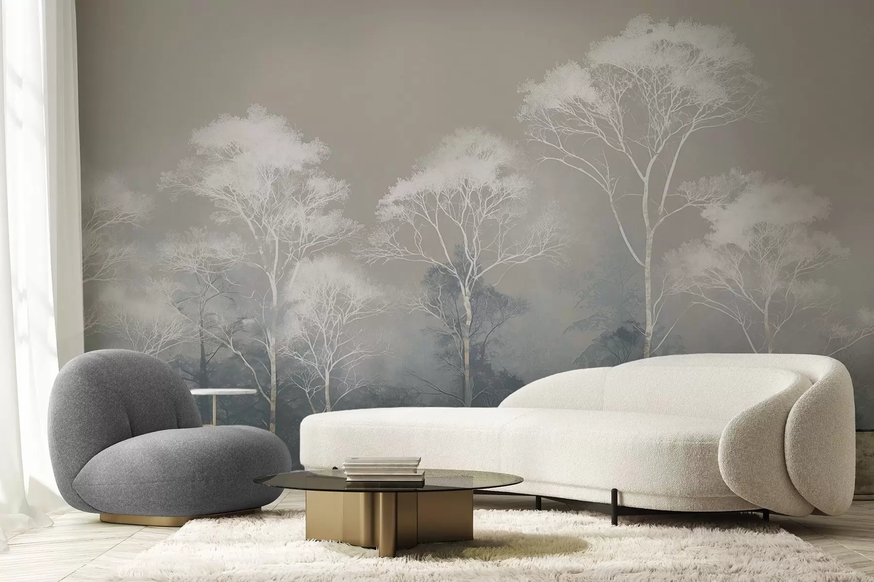 Papier peint photo Arbres minimalistes dans une palette bleu-gris, dans le brouillard w09448