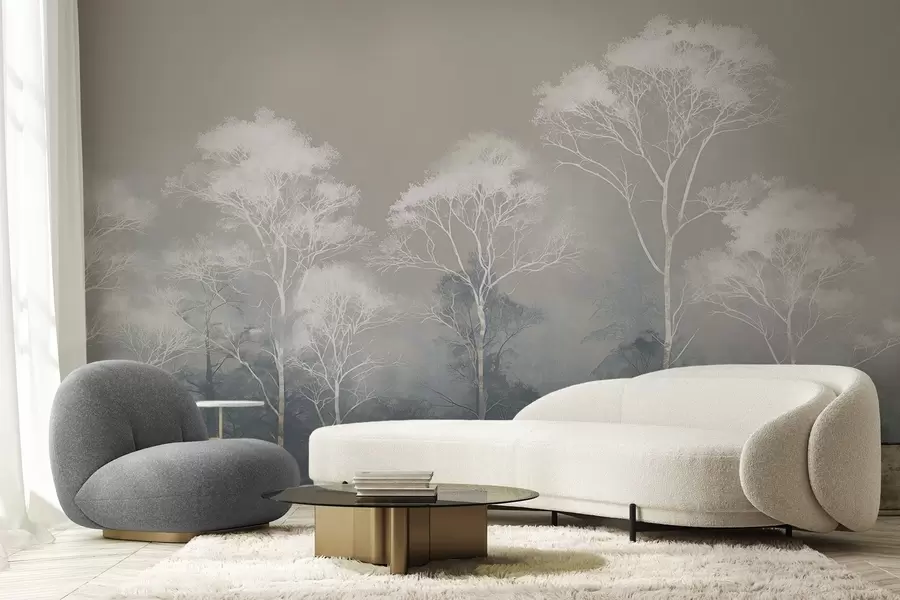 Papier peint photo Arbres minimalistes dans une palette bleu-gris, dans le brouillard w09448