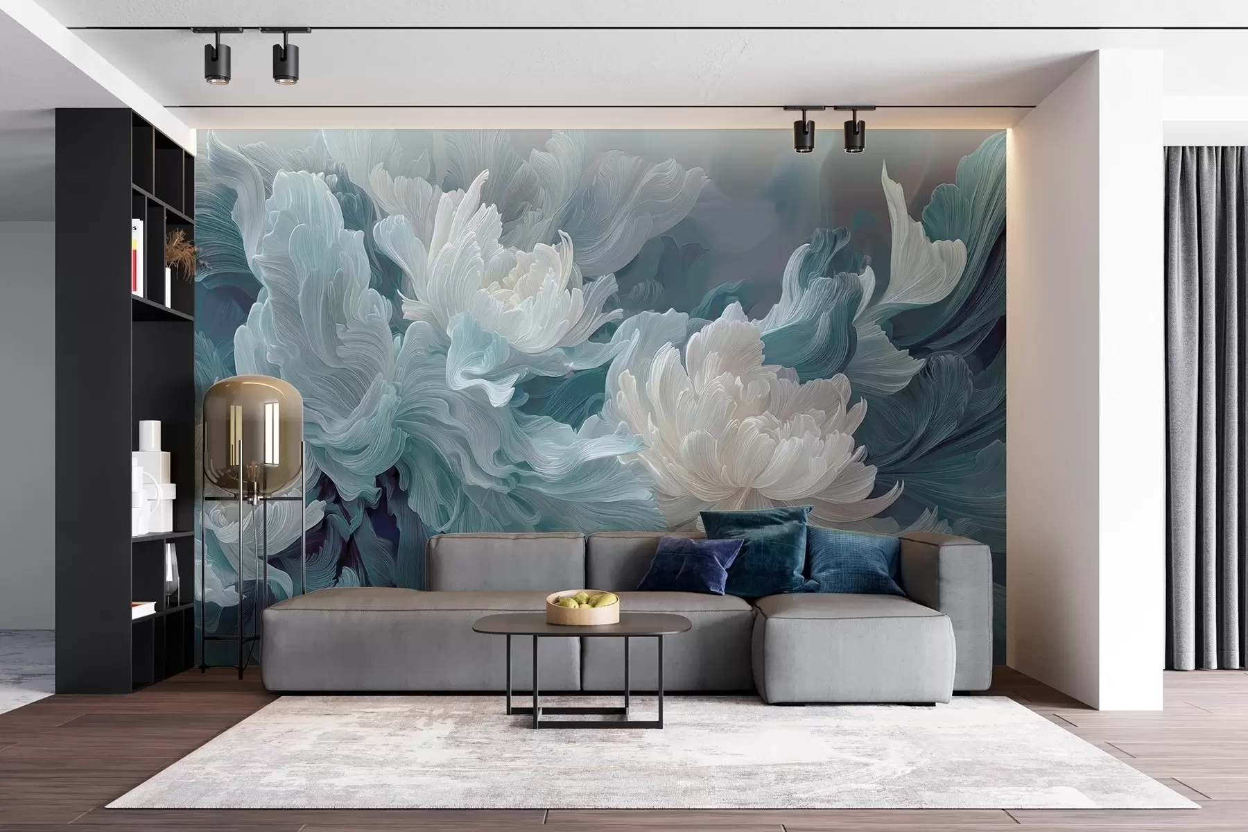 Fotobehang Abstracte bloemen in blauwe en turquoise tinten w09452