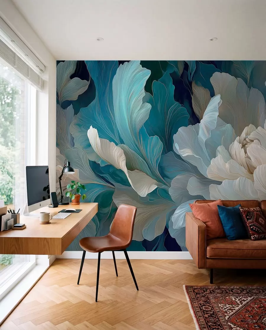 Fotobehang Delicate volumetrische pioenroos in een koel kleurenpalet w09456