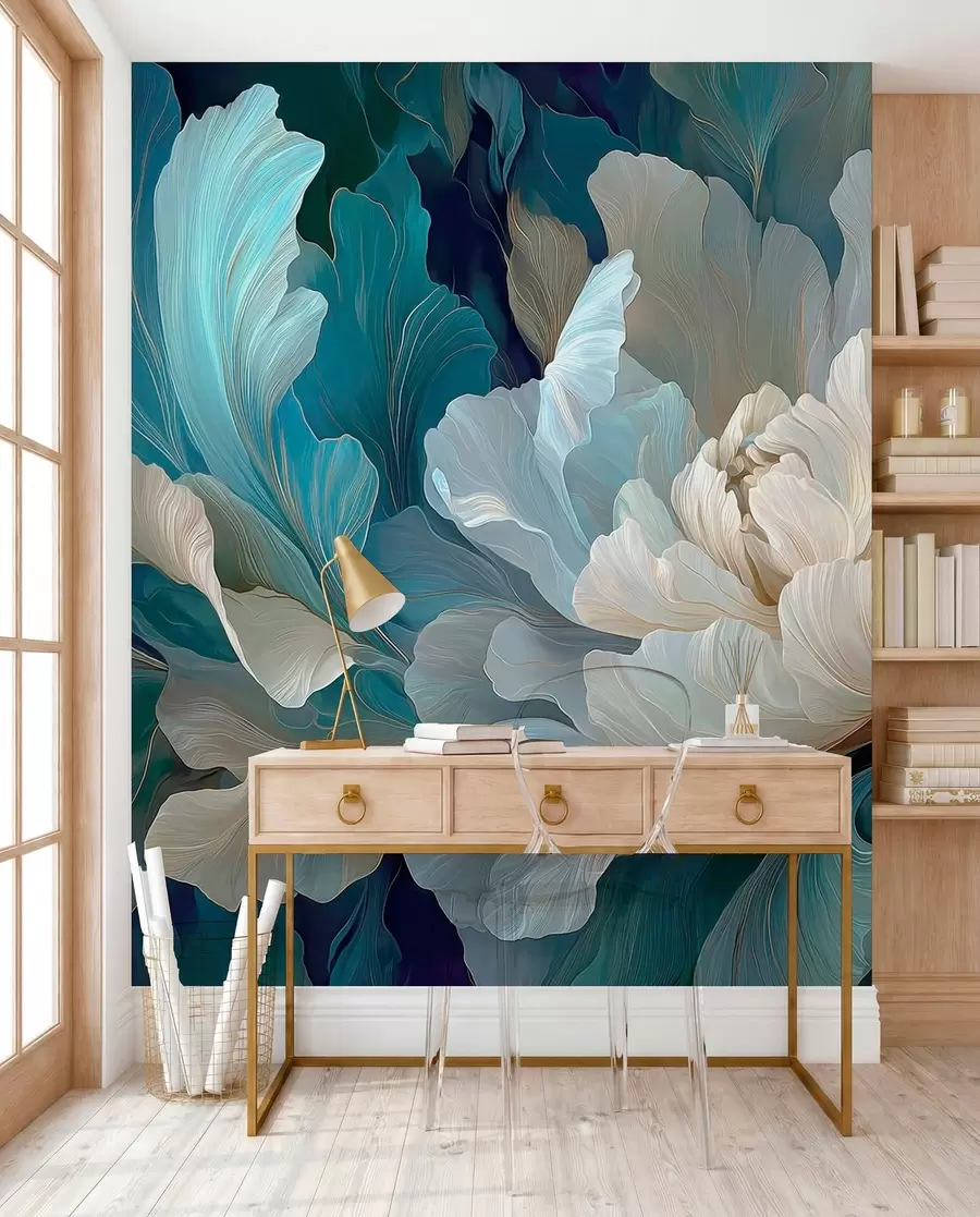 Fotobehang Delicate volumetrische pioenroos in een koel kleurenpalet w09456