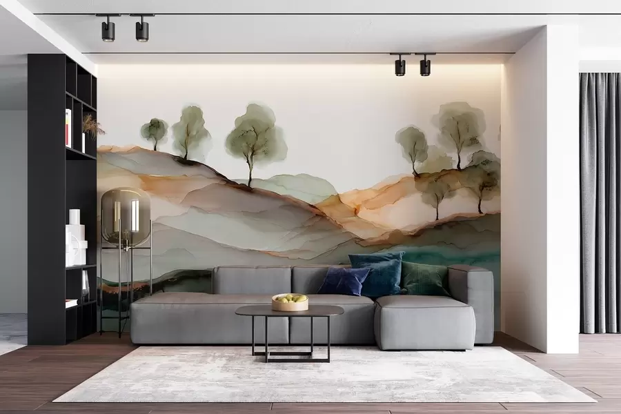 Fotobehang Abstract landschap in alcoholinktstijl — heuvels en bomen in pasteltinten w09457