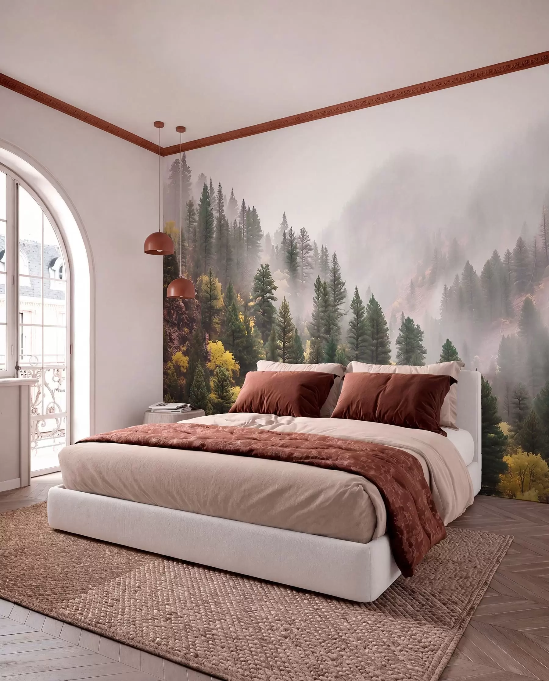 Fotobehang Sfeervol mistig dennenbos in de bergen w09463