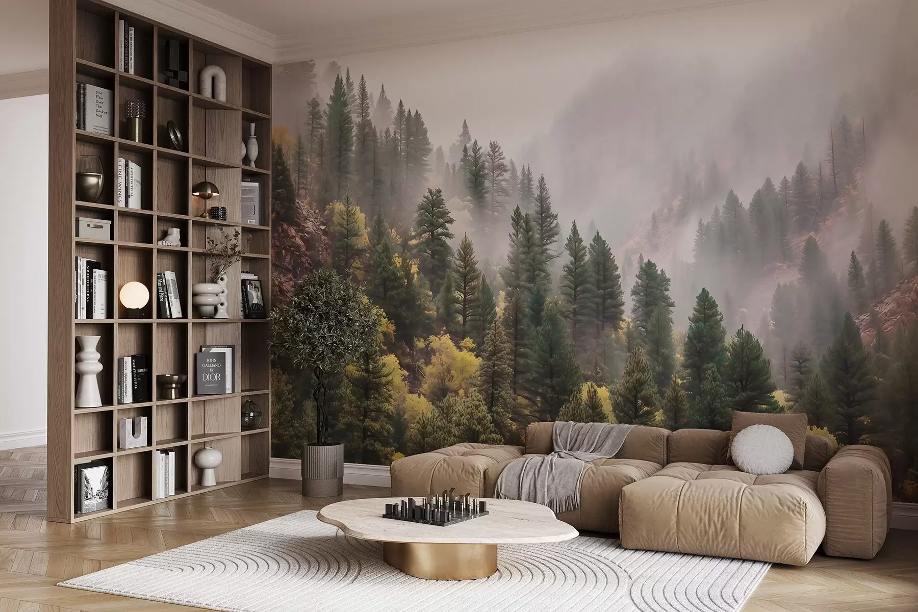 Fotobehang Sfeervol mistig dennenbos in de bergen w09463