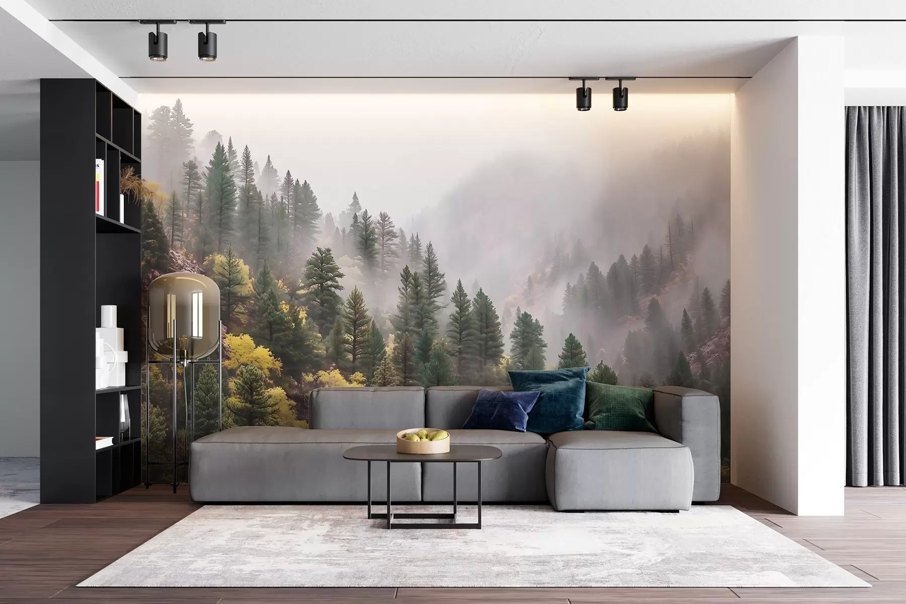 Fotobehang Sfeervol mistig dennenbos in de bergen w09463