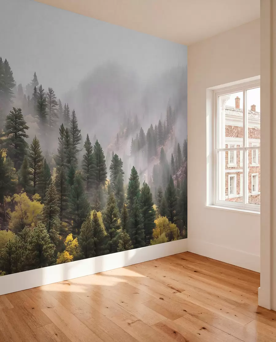 Papier peint photo Forêt de pins brumeuse et atmosphérique dans les montagnes w09463