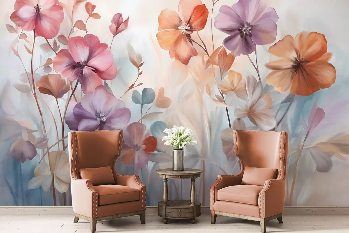 Fotobehang Textuurrijk bloemstuk met roze, paarse en oranje bloemen met groene stelen en bladeren, zachte pastelkleuren w09486