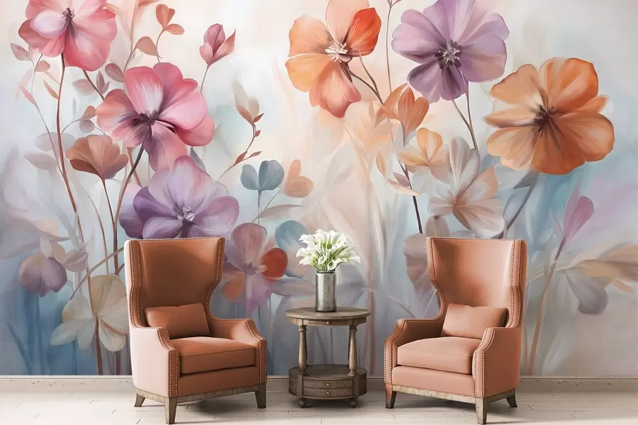 Fotobehang Textuurrijk bloemstuk met roze, paarse en oranje bloemen met groene stelen en bladeren, zachte pastelkleuren w09486