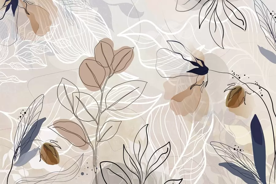 Fotobehang Beige abstracte achtergrond met bladeren en bloemen lijntekeningen, modern, minimalistisch, organische vormen, botanische print w09487