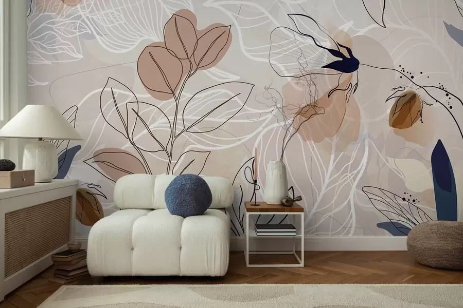 Fotobehang Beige abstracte achtergrond met bladeren en bloemen lijntekeningen, modern, minimalistisch, organische vormen, botanische print w09487