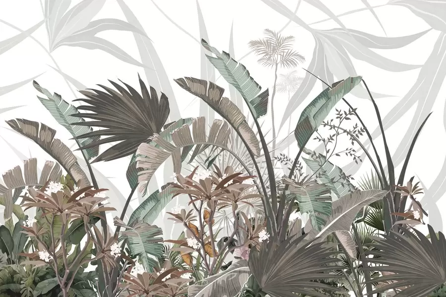 Fotobehang Tropische bladeren met bloemen, palmbomen, plumeria-bloemen, pastelkleuren, witte achtergrond, jungle w09488