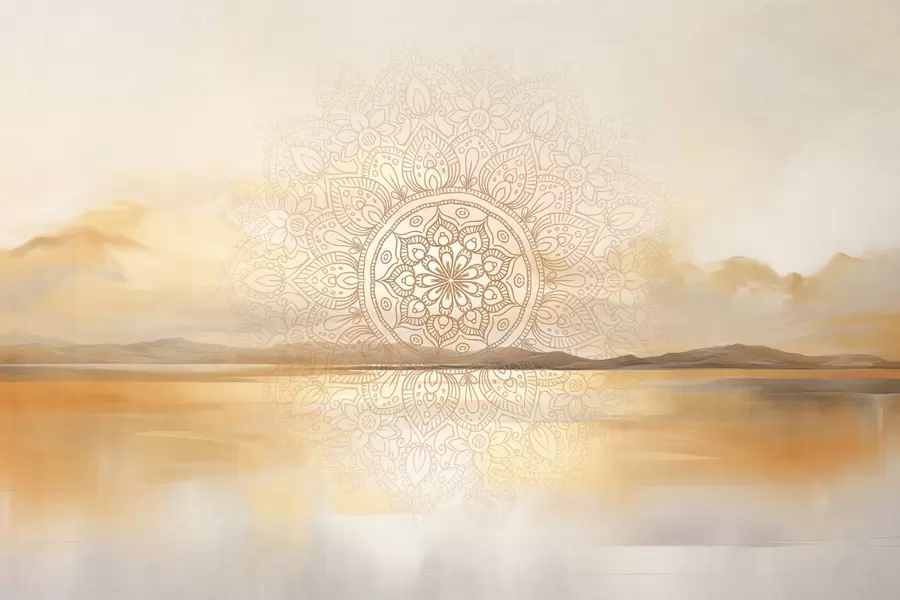 Fotobehang Gestructureerd symmetrisch mandala-ontwerp over een landschap met zee, heuvels en lucht, zachte pastelkleuren w09491