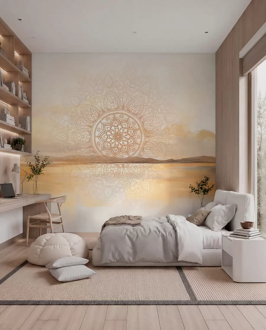 Papier peint photo Motif mandala symétrique texturé superposé à un paysage représentant la mer, des collines et le ciel, dans des couleurs pastel douces w09491