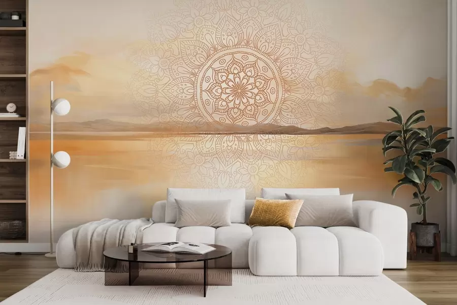 Papier peint photo Motif mandala symétrique texturé superposé à un paysage représentant la mer, des collines et le ciel, dans des couleurs pastel douces w09491
