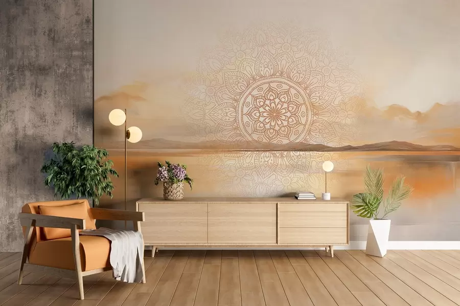 Fotobehang Gestructureerd symmetrisch mandala-ontwerp over een landschap met zee, heuvels en lucht, zachte pastelkleuren w09491