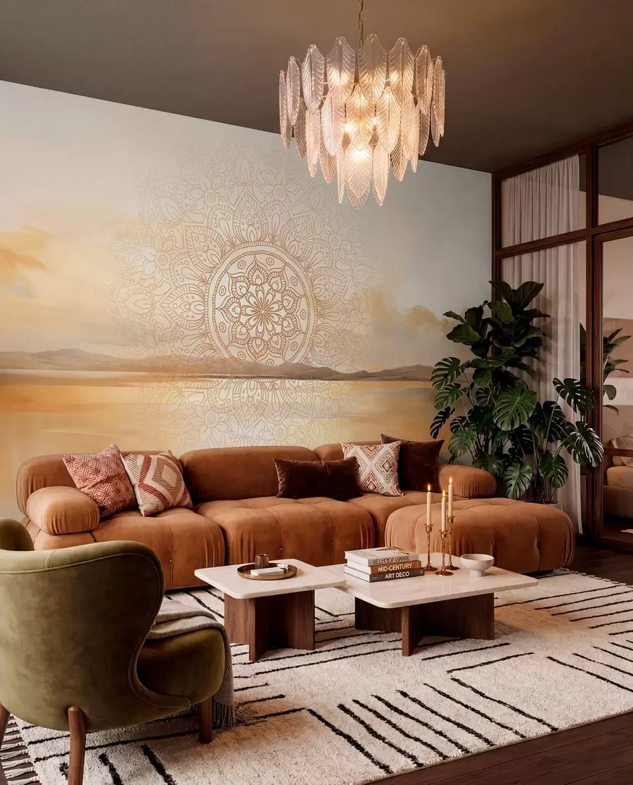 Fotobehang Gestructureerd symmetrisch mandala-ontwerp over een landschap met zee, heuvels en lucht, zachte pastelkleuren w09491