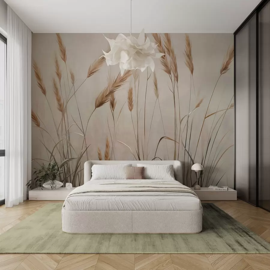 Papier peint photo Champ de blé texturé avec des épis jaunes, fond beige, éclairage naturel, tons chauds, coups de pinceau détaillés w09493