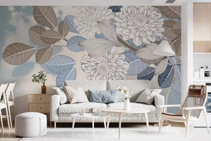 Fotobehang Witte bloemen met blauwe en bruine bladeren, lichtblauwe gestructureerde achtergrond, bloemstuk, gedetailleerde lijntekening w09496