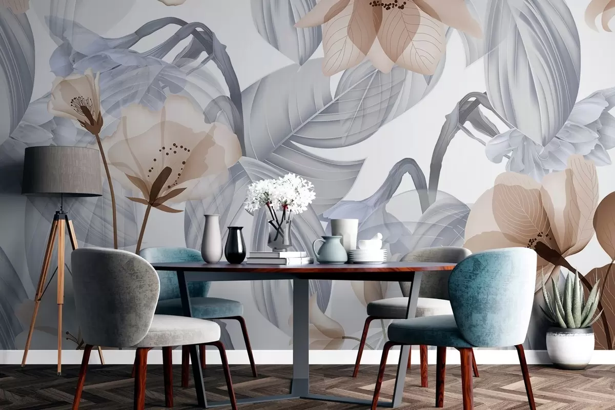 Papier peint photo Fleurs brunes et feuilles grises, fond botanique floral, design élégant, couleurs douces, détails légers et délicats w09497v1