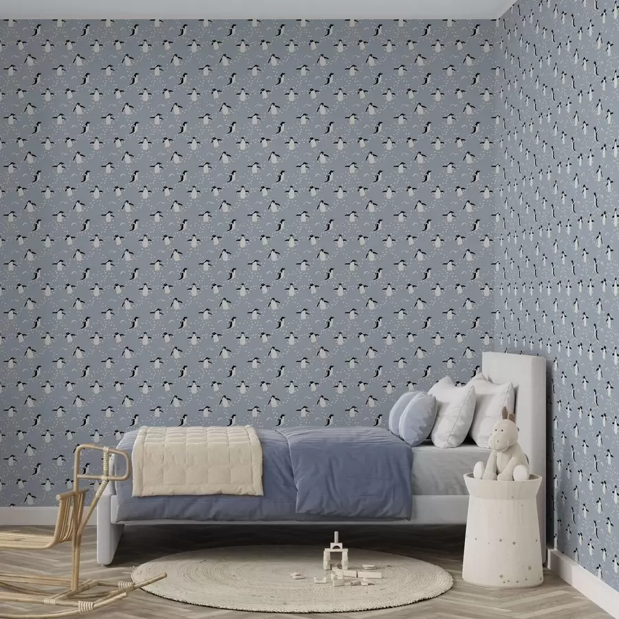 Fotobehang Pinguïns op grijsblauw met voetafdrukken a00655