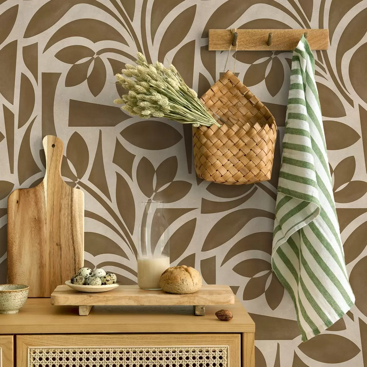Behang Geometrische bladsilhouetten, karamelbruin op beige a00679