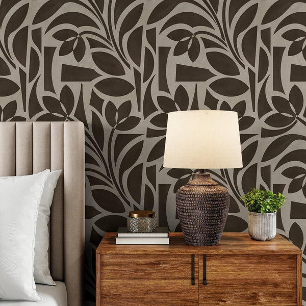 Behang Geometrische bladsilhouetten, donkerbruin op beige, Behang bloemen, a00679v1 : Uwalls.be