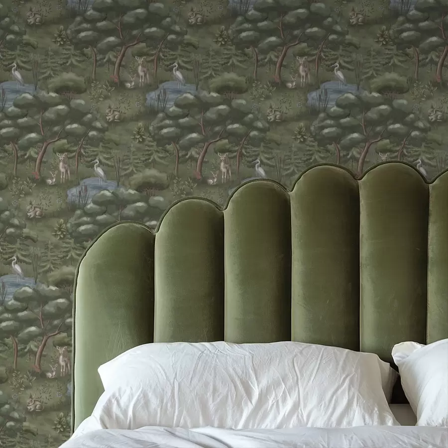 Papier peint photo Clairière avec faons, lapins et hérons a00680