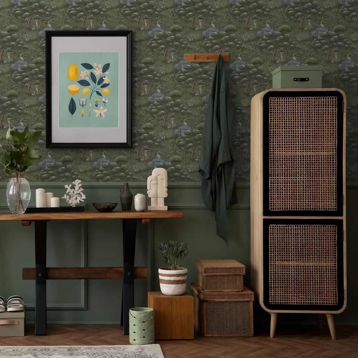 Papier peint Clairière avec faons, lapins et hérons a00680