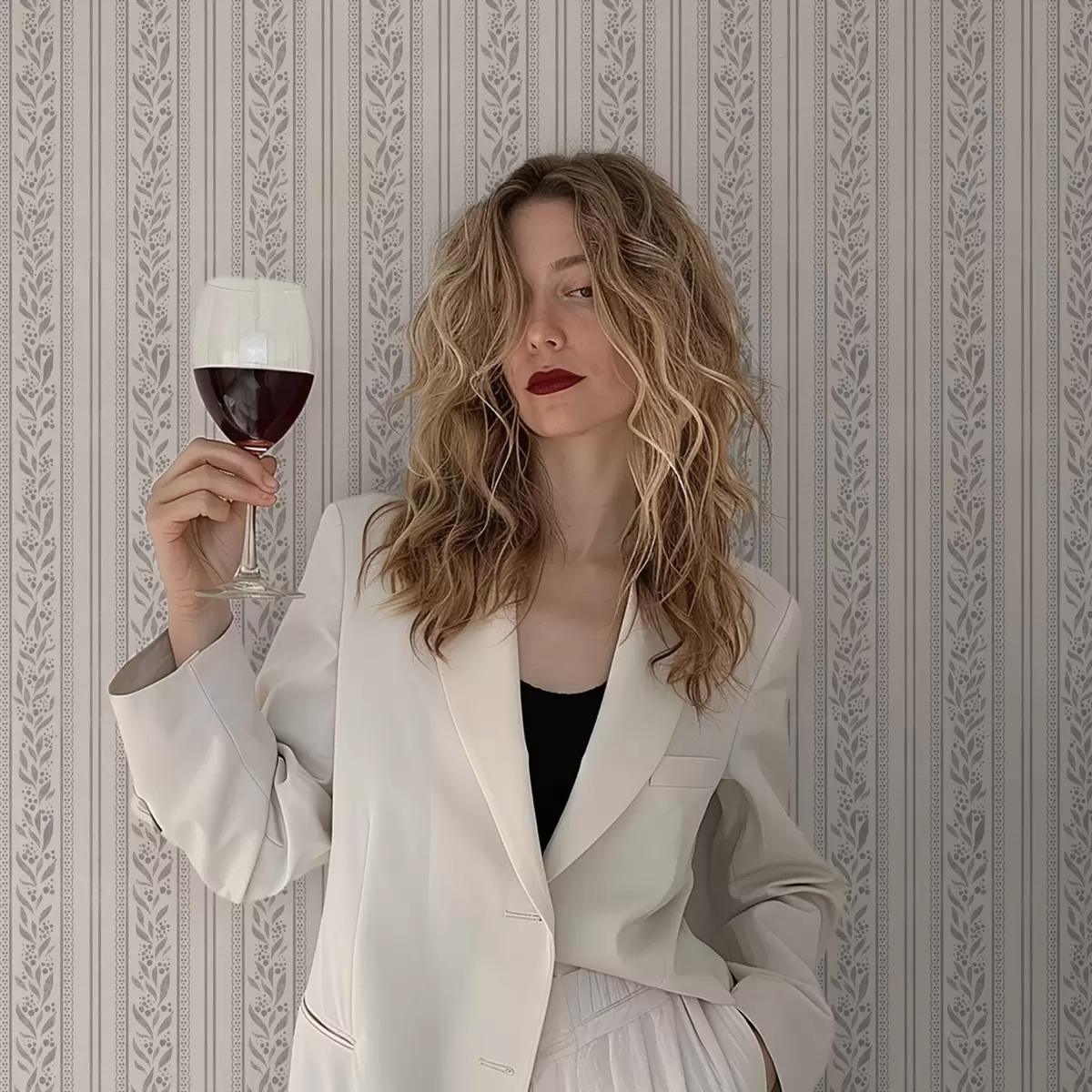 Behang Strepen met kant en grijs-beige takjes a00814