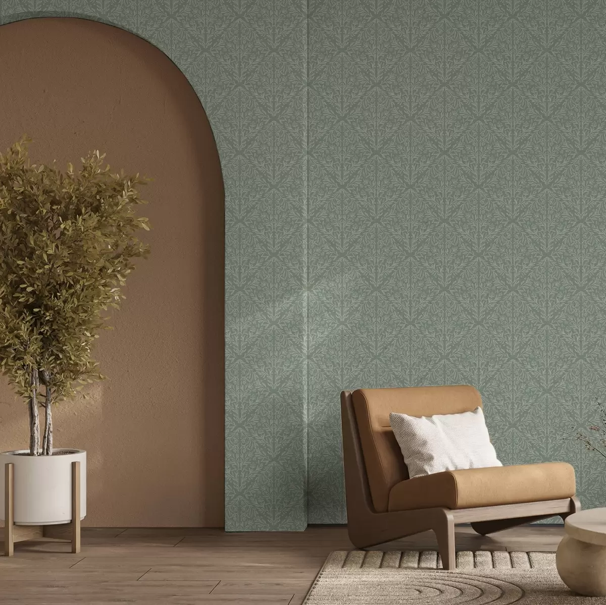Behang Botanisch damast op mint-olijfgroene achtergrond a00815