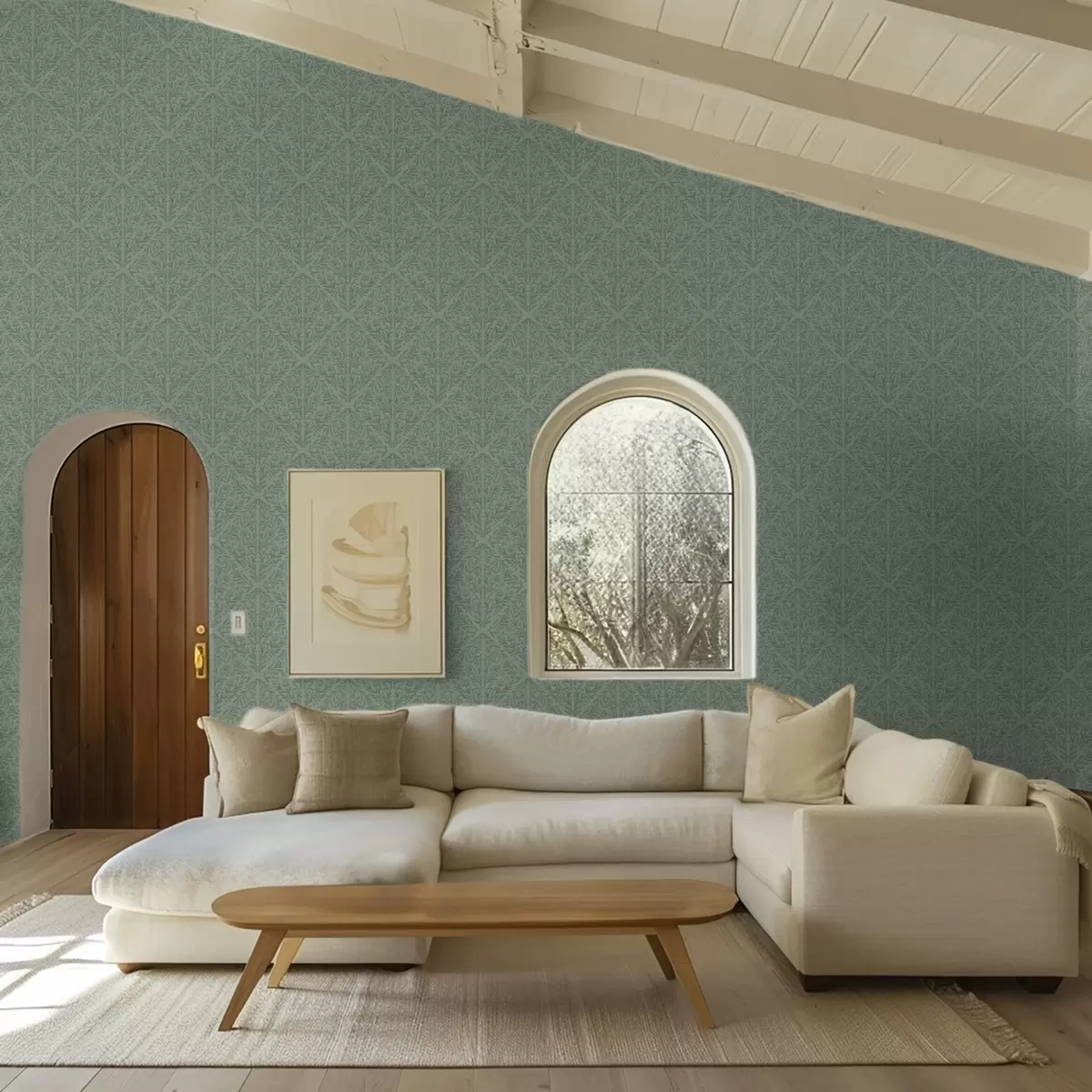 Behang Fijn botanisch damast in gedempt groen a00815v1