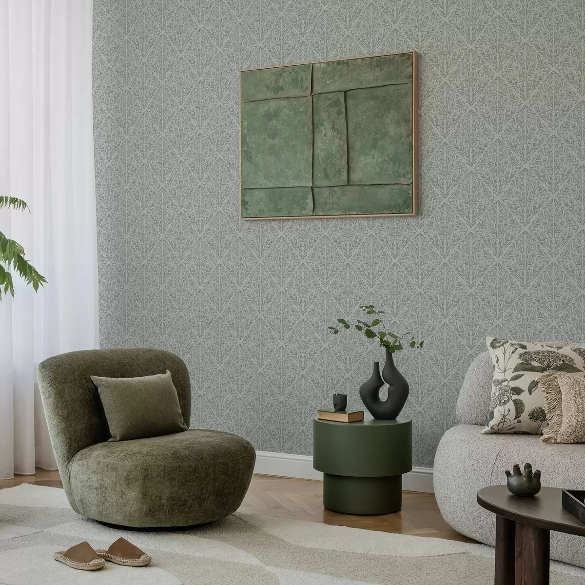 Papier peint Damassé botanique gris clair aux contours doux a00815v2