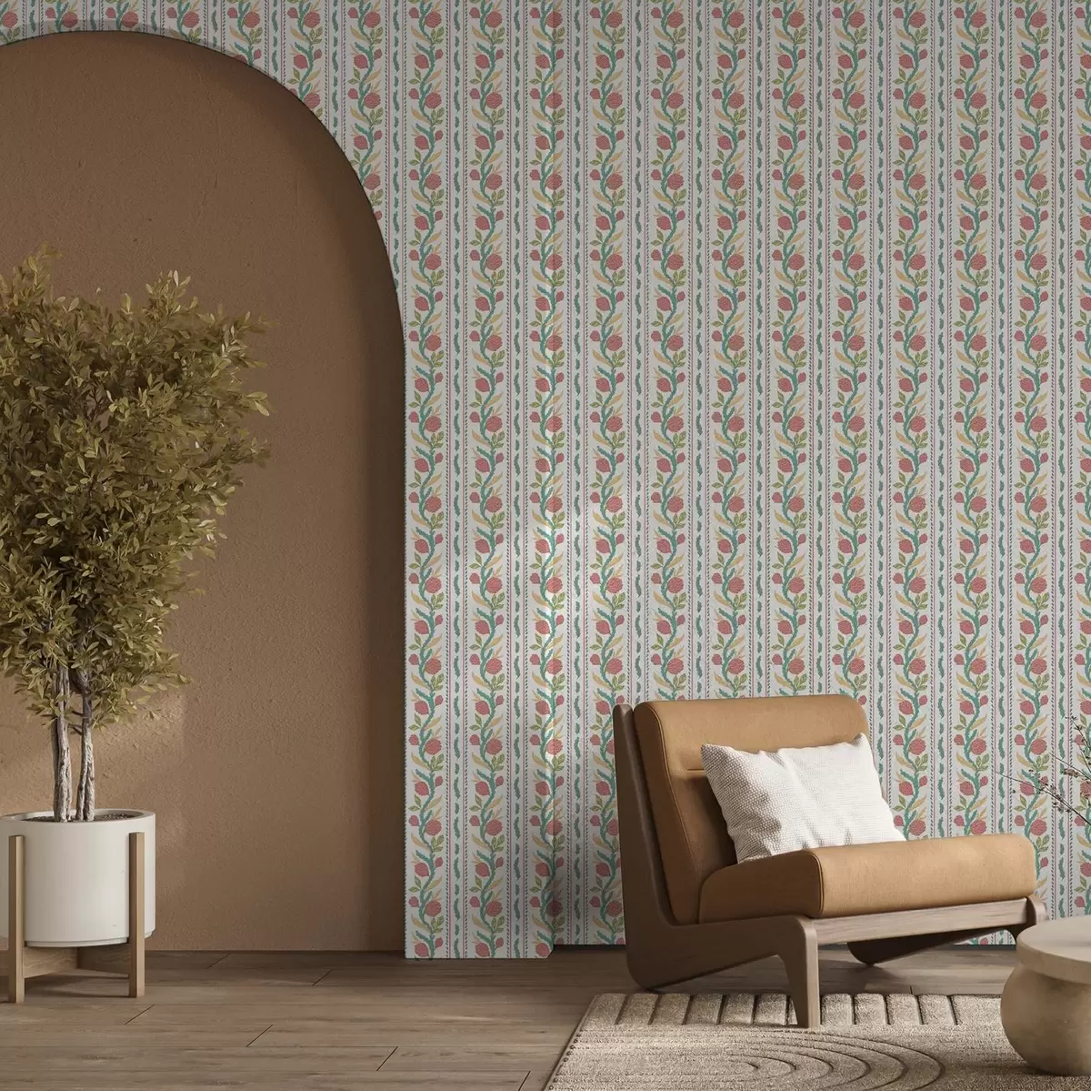 Behang Verticale strepen met koraalkleurige bloemen en turquoise bladeren a00816