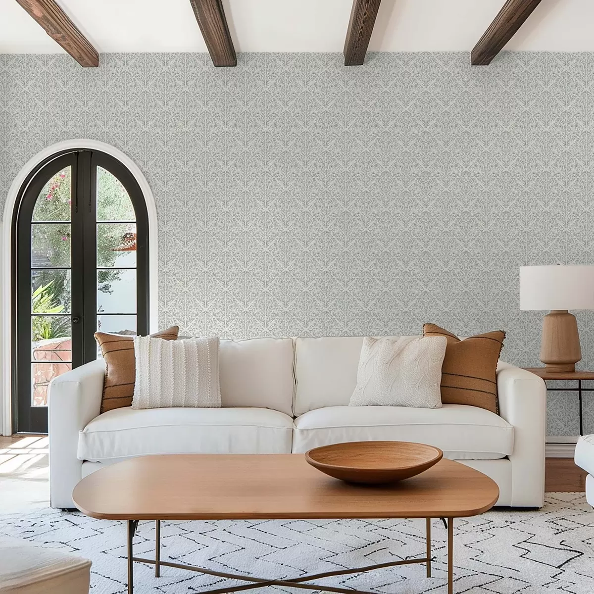 Papier peint Lacy tire sur fond blanc crème avec un contour turquoise a00815v4