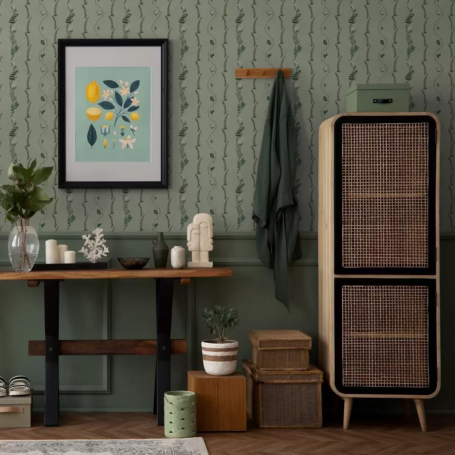 Fotobehang Verticale ranken en takjes op gedempt groen a00817v1