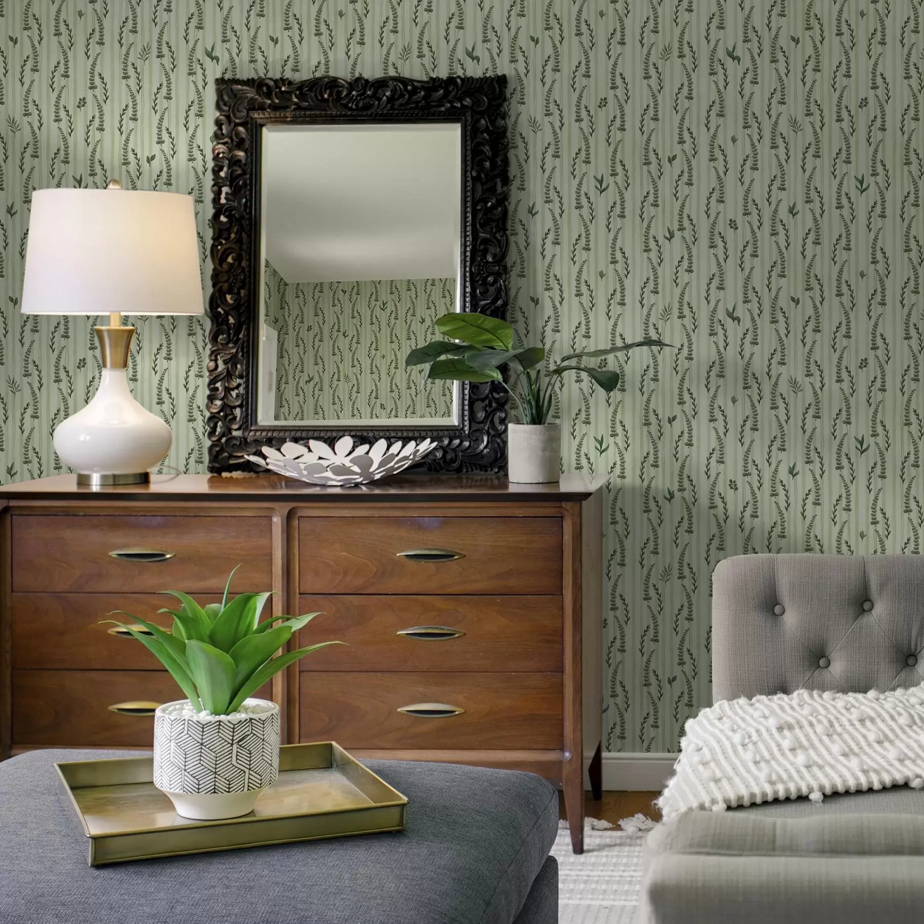 Papier peint photo Herbes vertes denses et pousses de menthe rayées a00819