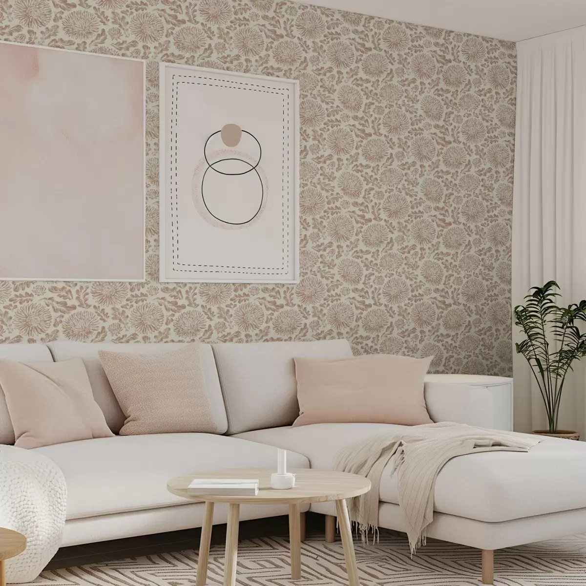 Behang Chrysanten en eikenbladeren in zacht beige-bruin a00840