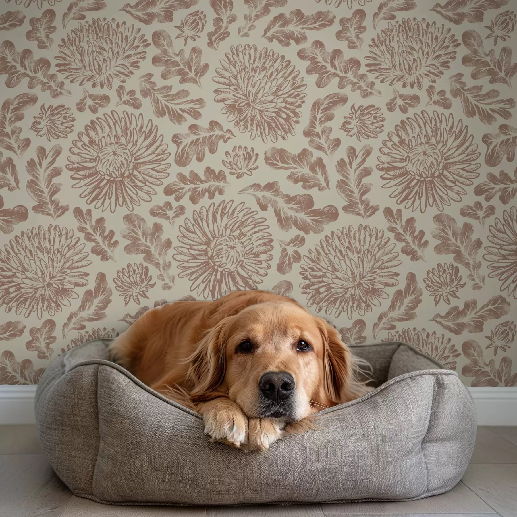 Papier peint photo Chrysanthèmes et feuilles de chêne dans des tons doux beige-brun a00840