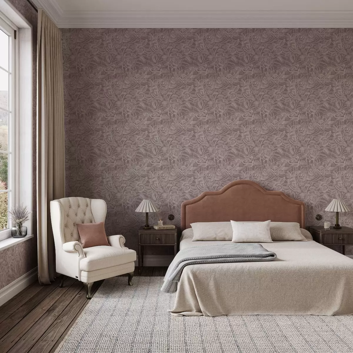 Papier peint Roses gravées sur fond gris-brun foncé a00841