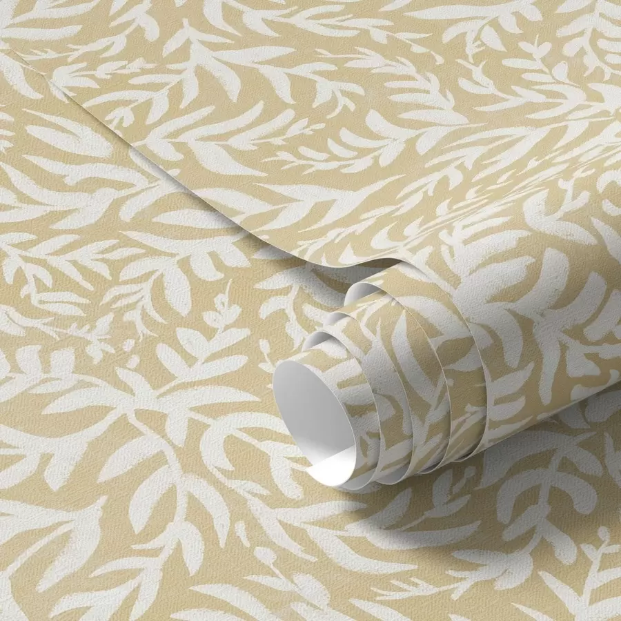 Papier peint photo Motif de feuilles blanches sur fond ocre chaud, rythme tourbillonnant a00845