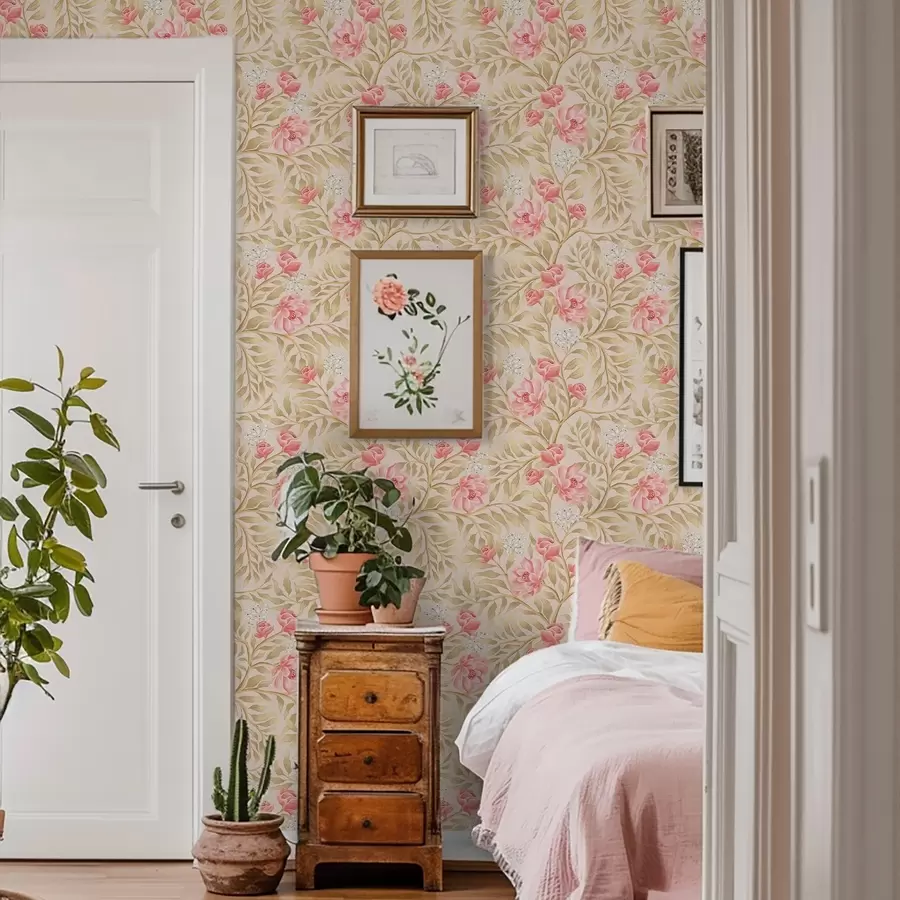 Fotobehang Roze bloemen, witte bloesem en okerkleurig blad a00855