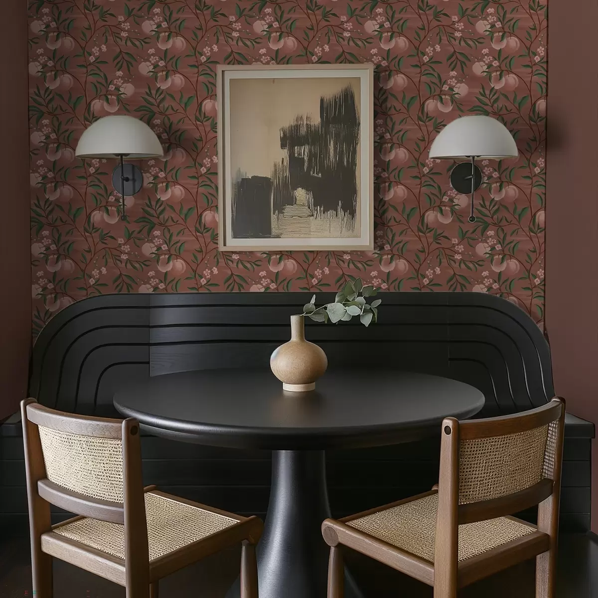 Papier peint Pêches sur des branches aux fleurs roses, sol en terre cuite a00856