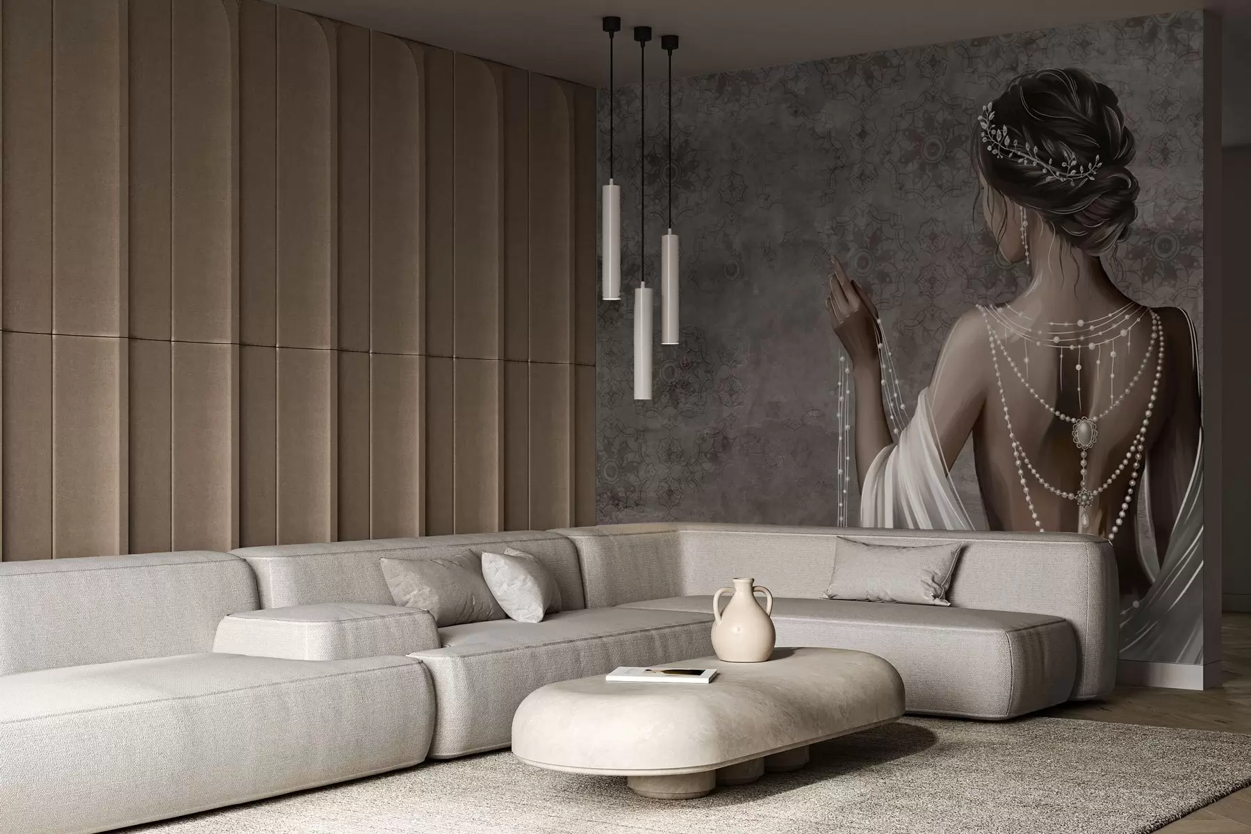 Fotobehang Vrouw gezien van achteren met parels, grijze achtergrond met steenpatroon w04854