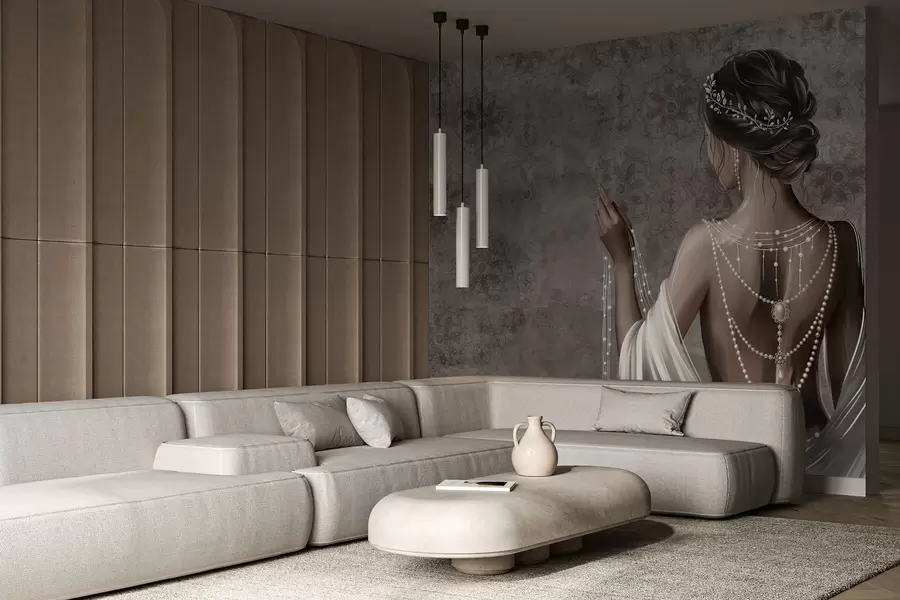 Fotobehang Vrouw gezien van achteren met parels, grijze achtergrond met steenpatroon w04854