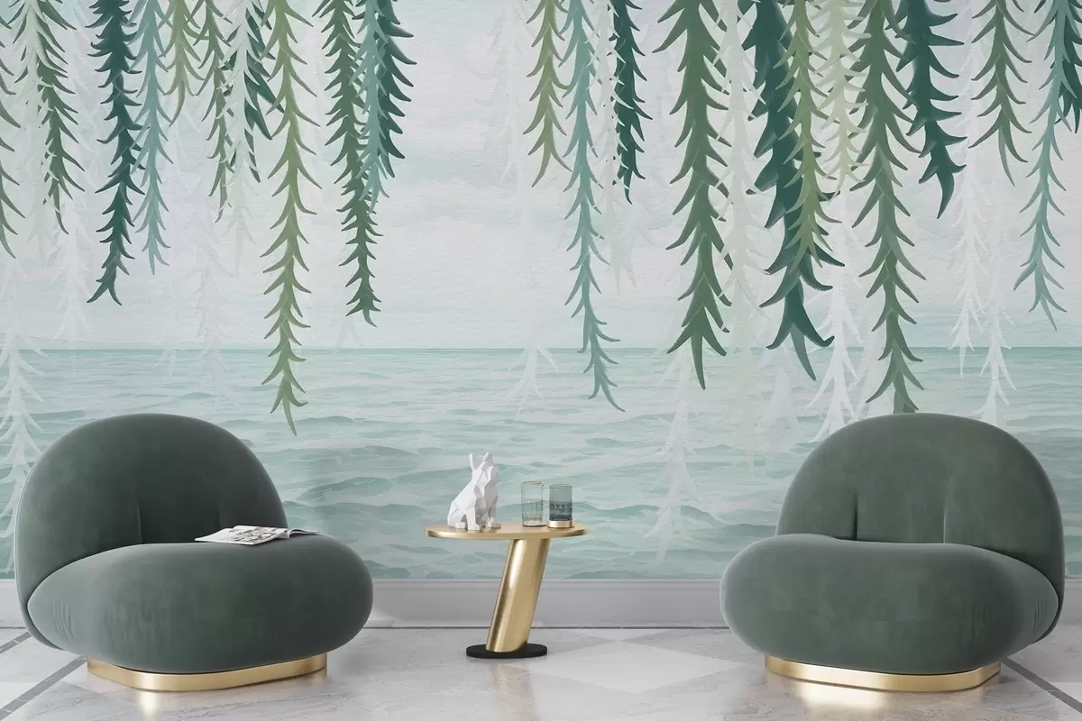 Fotobehang Delicate wijnstokken hangend boven water in aquarelstijl w04830