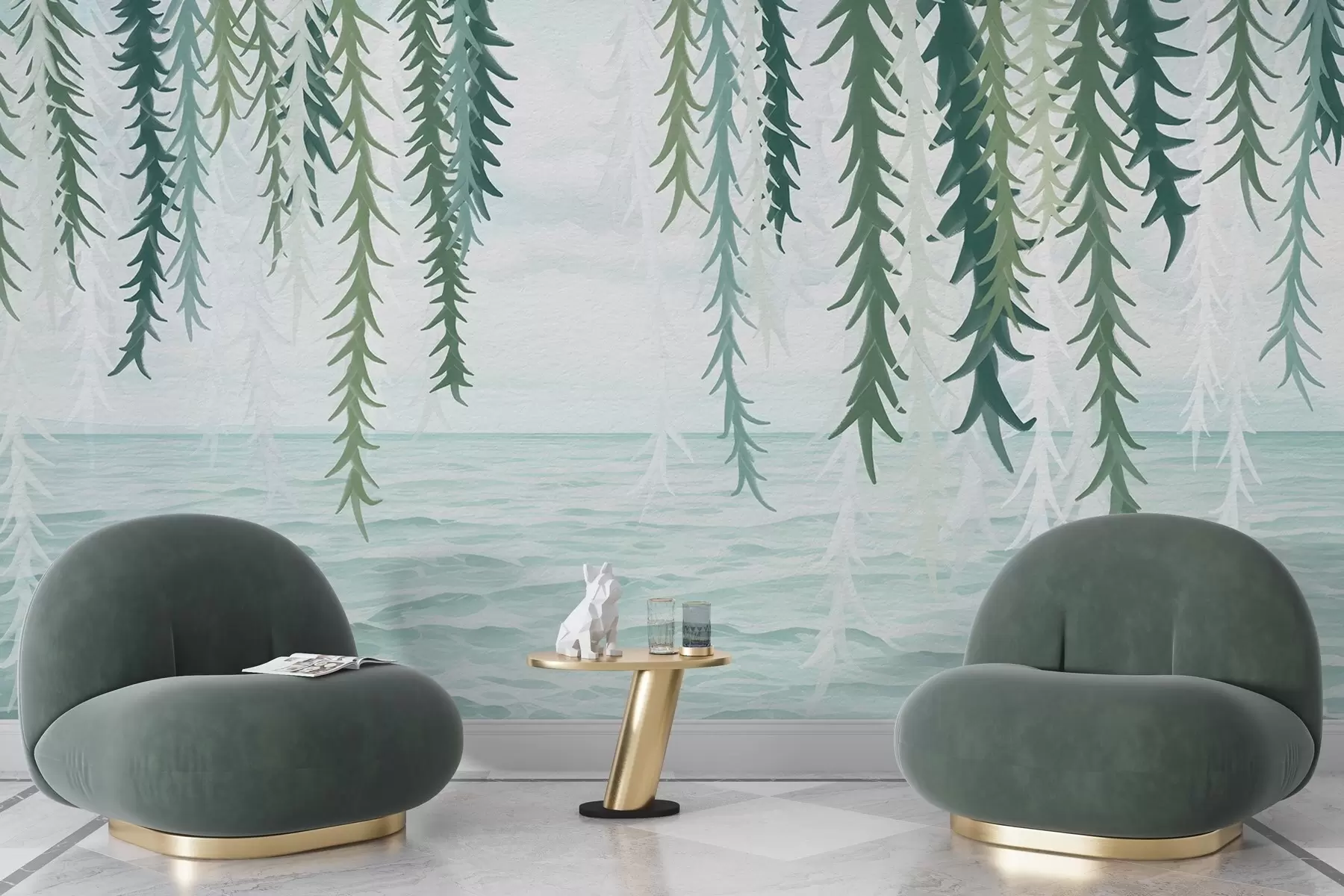 Fotobehang Delicate wijnstokken hangend boven water in aquarelstijl w04830