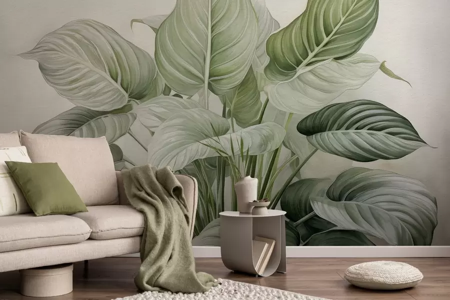 Fotobehang Weelderige struik met groene bladeren aan de muur w04835